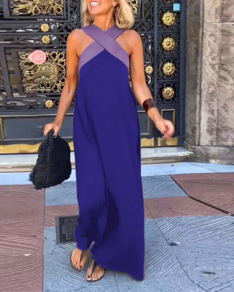Chic Women's Halter Neck Sleeveless Midi Dress with Stylish Stitching - Perfect for Summer Events