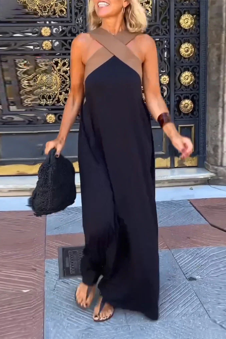 Chic Women's Halter Neck Sleeveless Midi Dress with Stylish Stitching - Perfect for Summer Events
