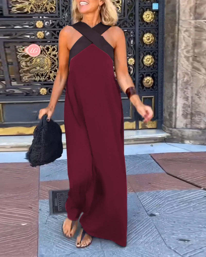 Chic Women's Halter Neck Sleeveless Midi Dress with Stylish Stitching - Perfect for Summer Events