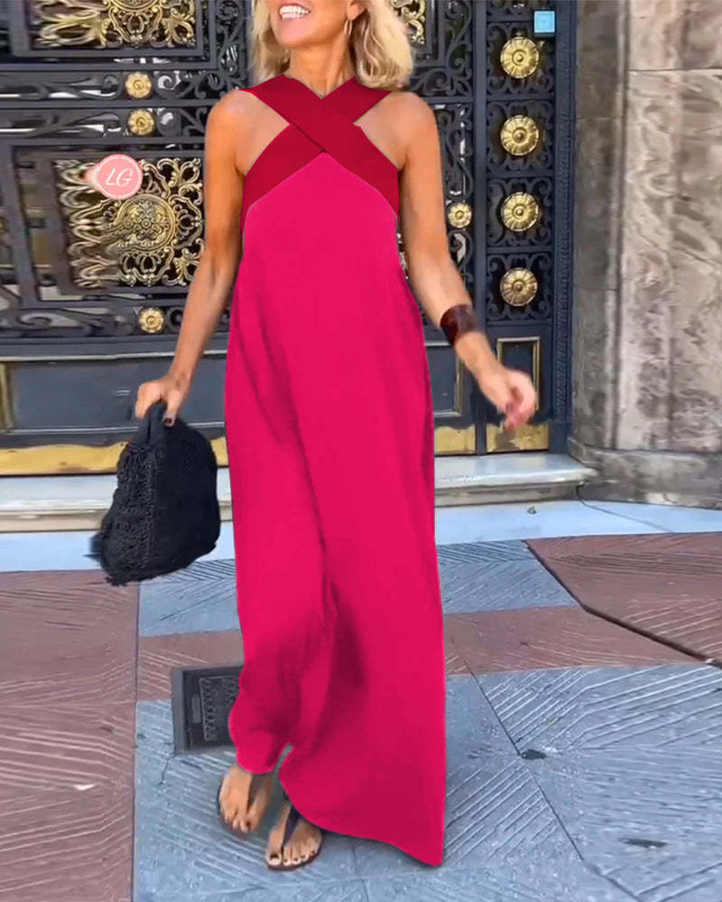 Chic Women's Halter Neck Sleeveless Midi Dress with Stylish Stitching - Perfect for Summer Events