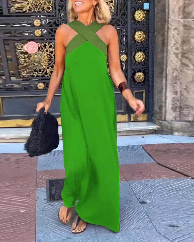 Chic Women's Halter Neck Sleeveless Midi Dress with Stylish Stitching - Perfect for Summer Events