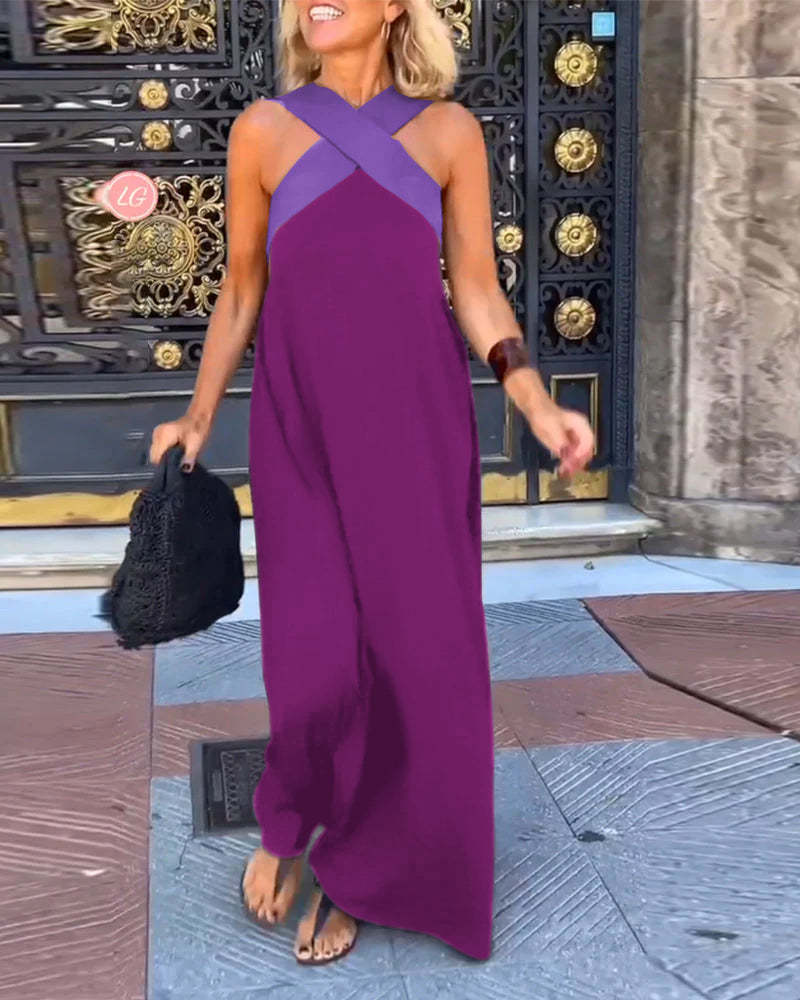 Chic Women's Halter Neck Sleeveless Midi Dress with Stylish Stitching - Perfect for Summer Events