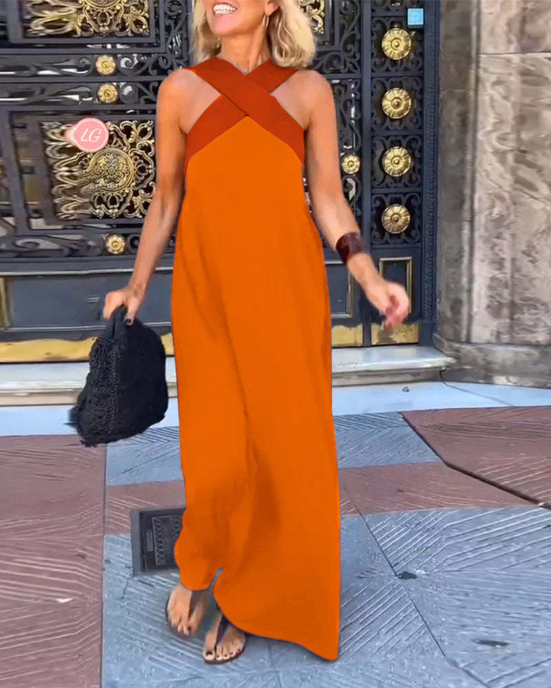 Chic Women's Halter Neck Sleeveless Midi Dress with Stylish Stitching - Perfect for Summer Events