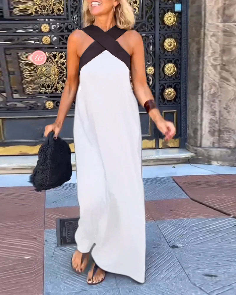 Chic Women's Halter Neck Sleeveless Midi Dress with Stylish Stitching - Perfect for Summer Events