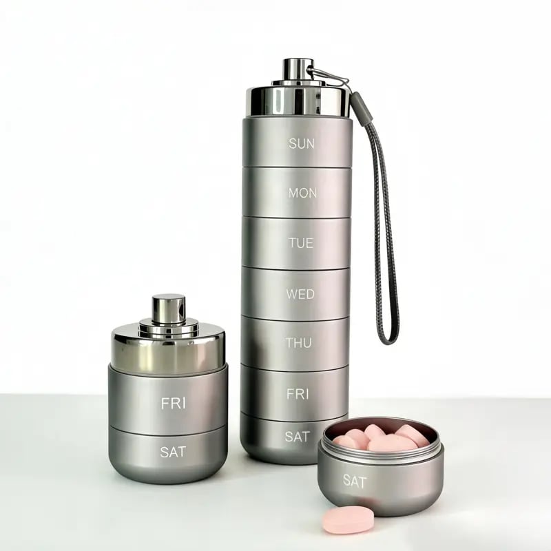 7-Day Pill Organizer – Waterproof Aluminum, Spin-Lock & Portable