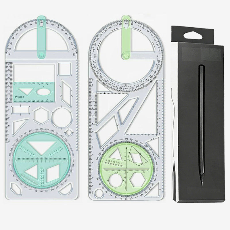 Geometry Ruler with Protractor – Transparent PP, Rotating Angle & Shape Stencils