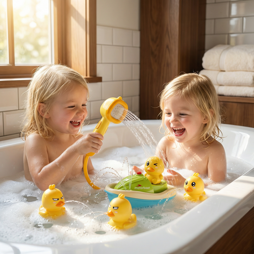 Bath Toy Boat with Shower Head – Motorized Sprayer, Squirt Ducks & Water Play