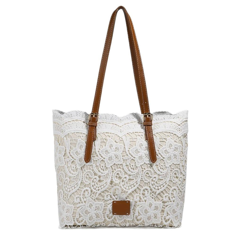 Women's Lace Handbag – Faux Leather Handles, Magnetic Closure, Spacious, 33×28cm