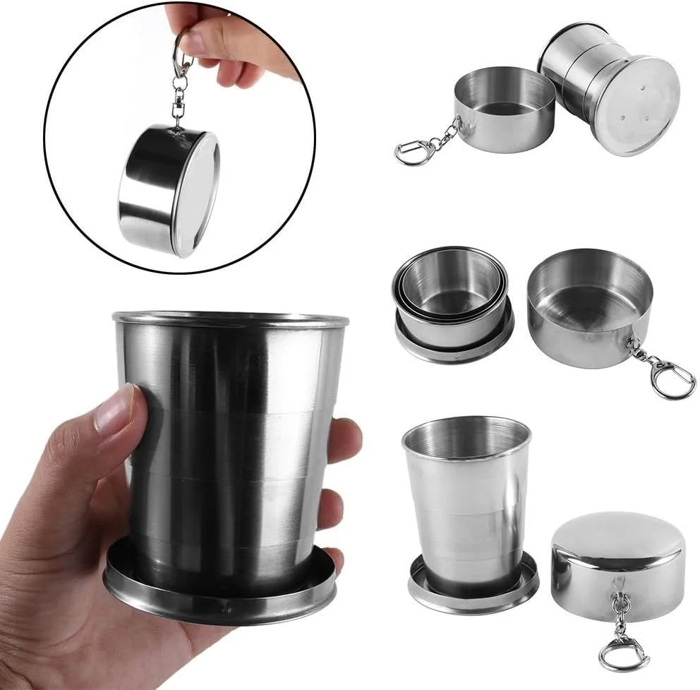 Collapsible Stainless Steel Cup – 150ml, Set of 3, Leak-Proof with Carabiner