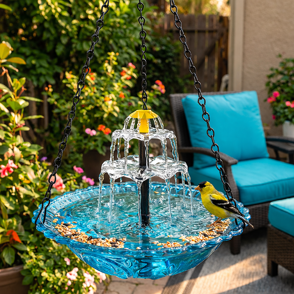 Hanging Solar Bird Bath Fountain – Wireless, Weatherproof & 25.5cm Glass Bowl