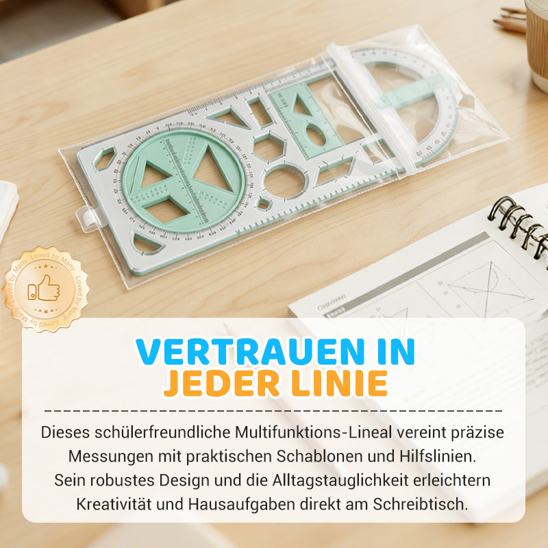 Geometry Ruler with Protractor – Transparent PP, Rotating Angle & Shape Stencils