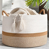 Boho Cotton Storage Basket – Woven Rope Handles, 35×40cm & Cream Striped Design