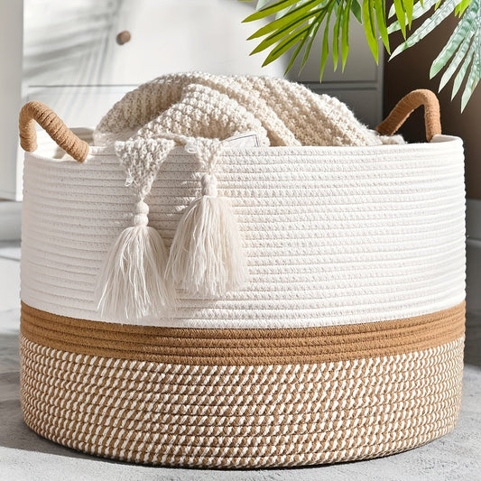 Boho Cotton Storage Basket – Woven Rope Handles, 35×40cm & Cream Striped Design