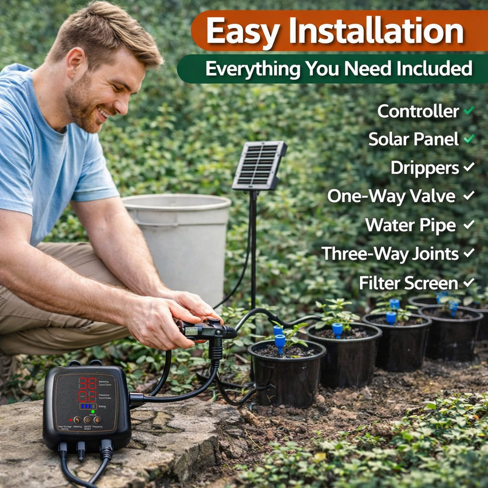Solar Drip Irrigation System – 12 Plants, Digital Timer & USB Battery Backup