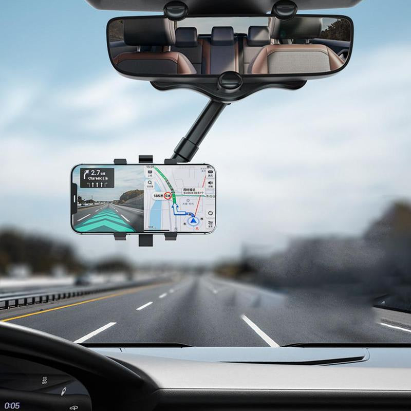 Rearview Mirror Phone Mount – 360° Rotation, Extendable Arm, Fits Phones to 16.5cm