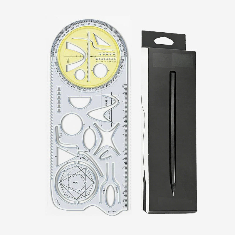 Geometry Ruler with Protractor – Transparent PP, Rotating Angle & Shape Stencils