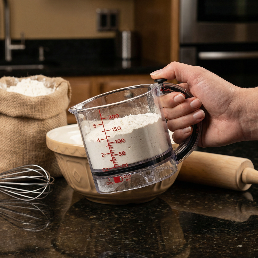 Adjustable Measuring Cup – Built-In Scraper, Non-Slip Base & Ergonomic Grip