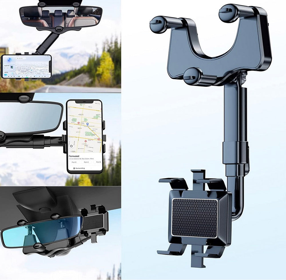Rearview Mirror Phone Mount – 360° Rotation, Extendable Arm, Fits Phones to 16.5cm