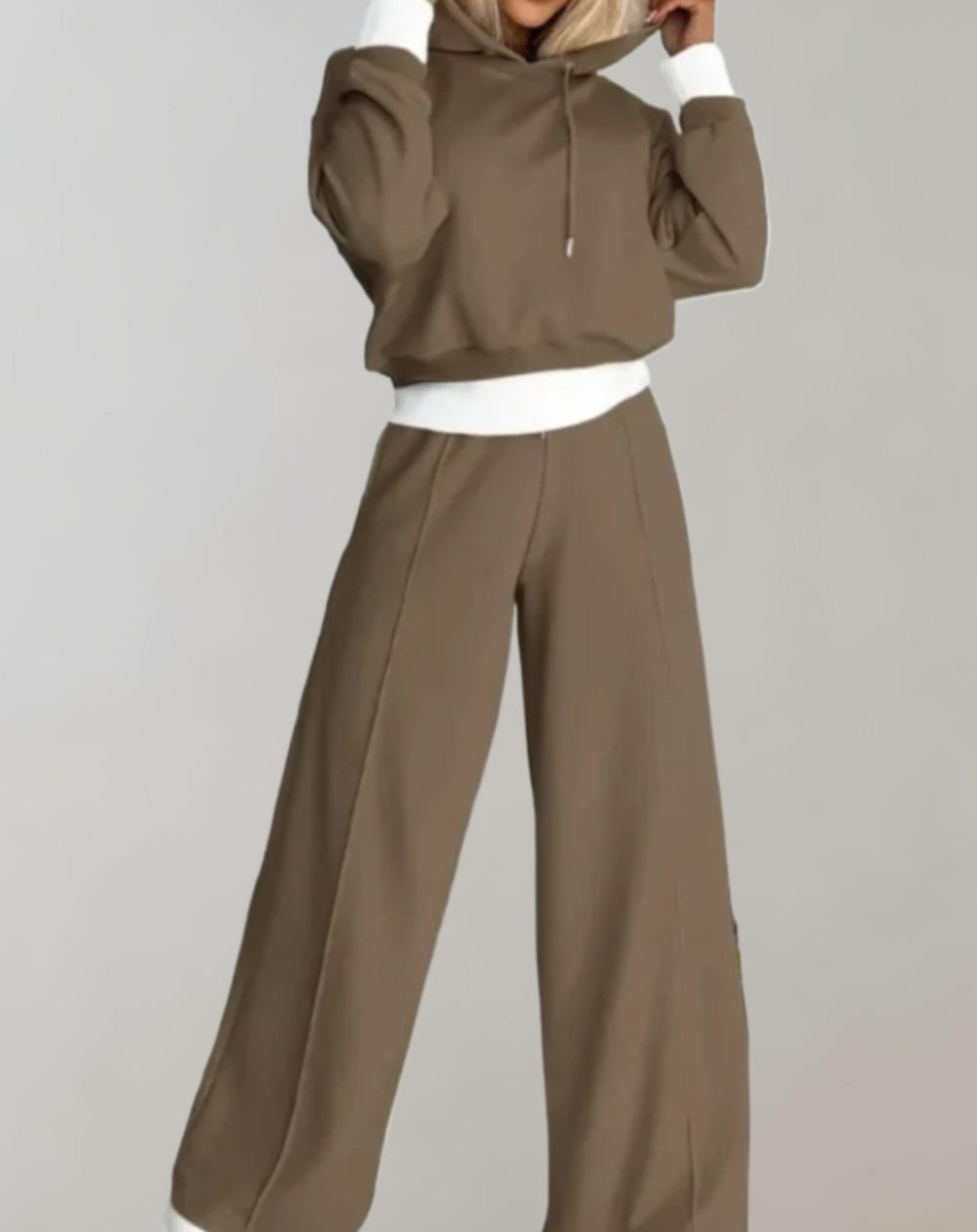 Women's two-piece set, olive green, hoodie and wide-leg pants, casual fashion, comfortable outfit