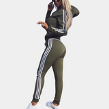 Women's tracksuit, olive green, with hood and stripes, athletic, comfortable, fashionable.