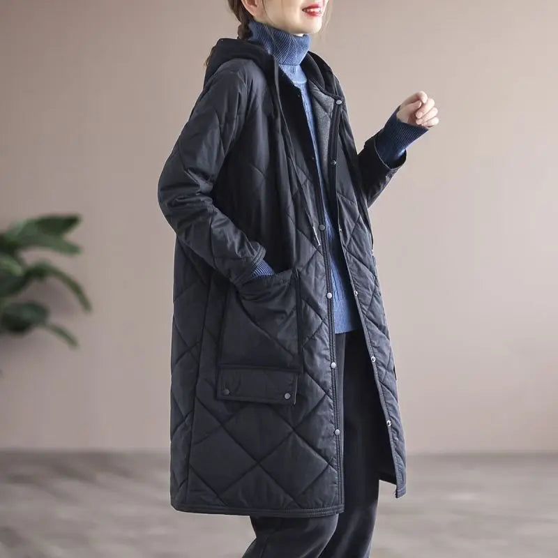 Plus Size Single-Breasted Mid-Length Winter Coat with Hood - Stylish & Warm Outerwear