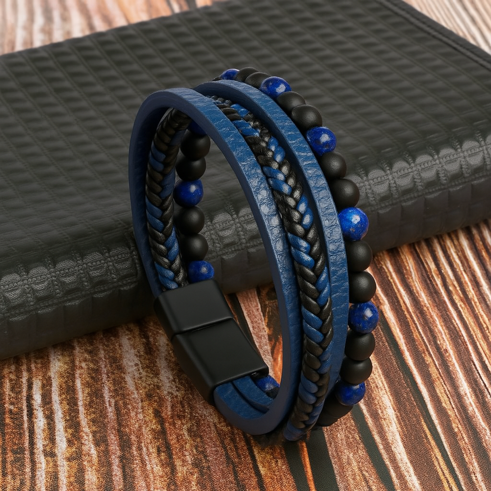 Men's Braided Leather Beaded Bracelet - Davy Collection | Stylish & Durable Accessory