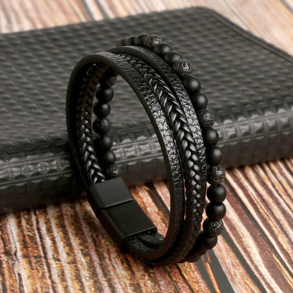 Men's Braided Leather Beaded Bracelet - Davy Collection | Stylish & Durable Accessory