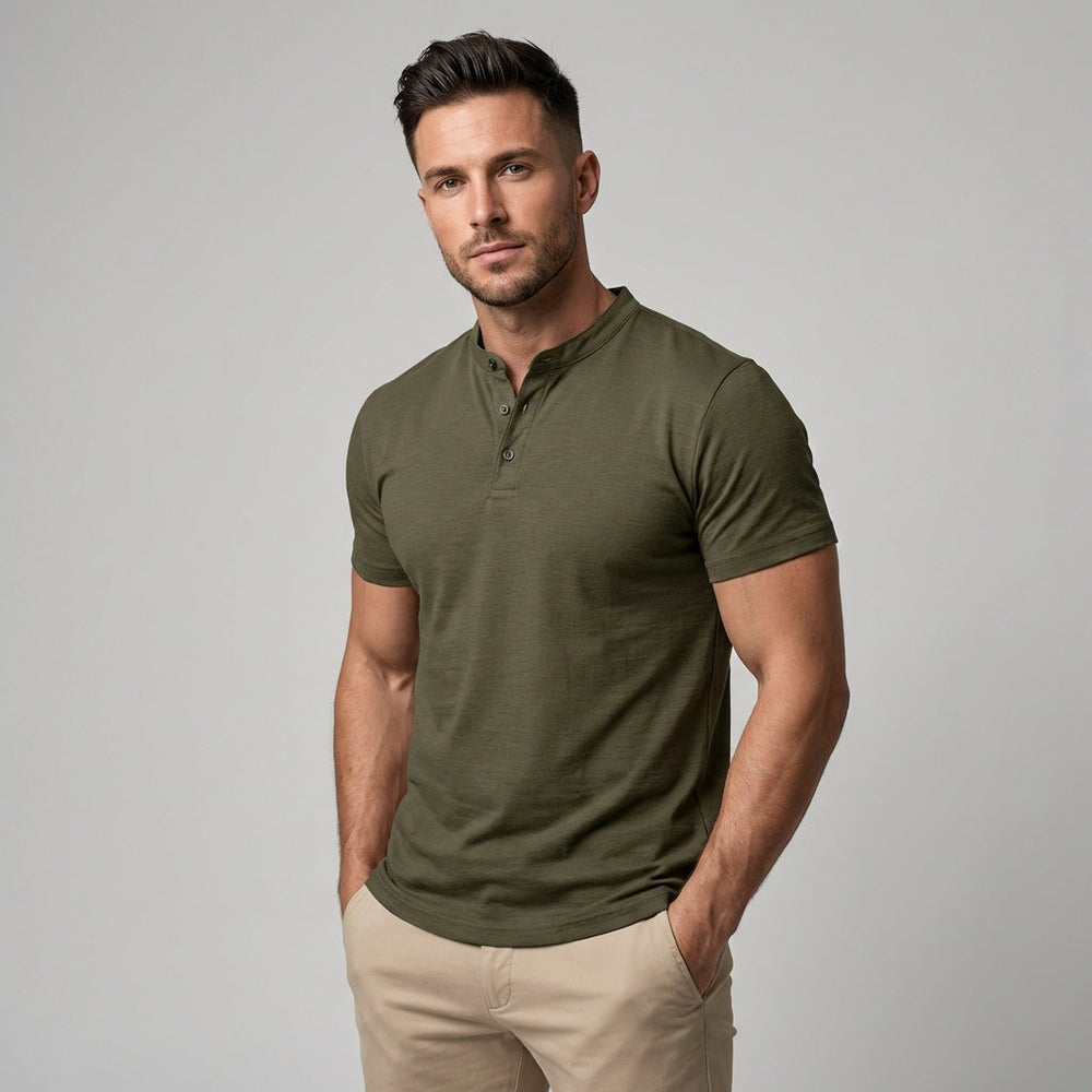 Davy Men's Band Collar Henley Polo Shirt - Stylish & Refined Casual Wear