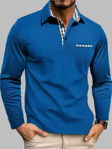 Men's Long Sleeve Polo Shirt with Gingham Accent Pocket - Stylish Casual Wear
