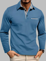 Men's Long Sleeve Polo Shirt with Gingham Accent Pocket - Stylish Casual Wear