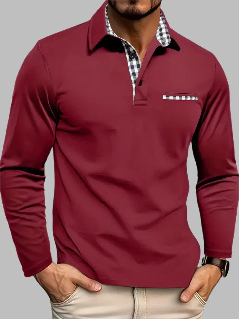 Men's Long Sleeve Polo Shirt with Gingham Accent Pocket - Stylish Casual Wear