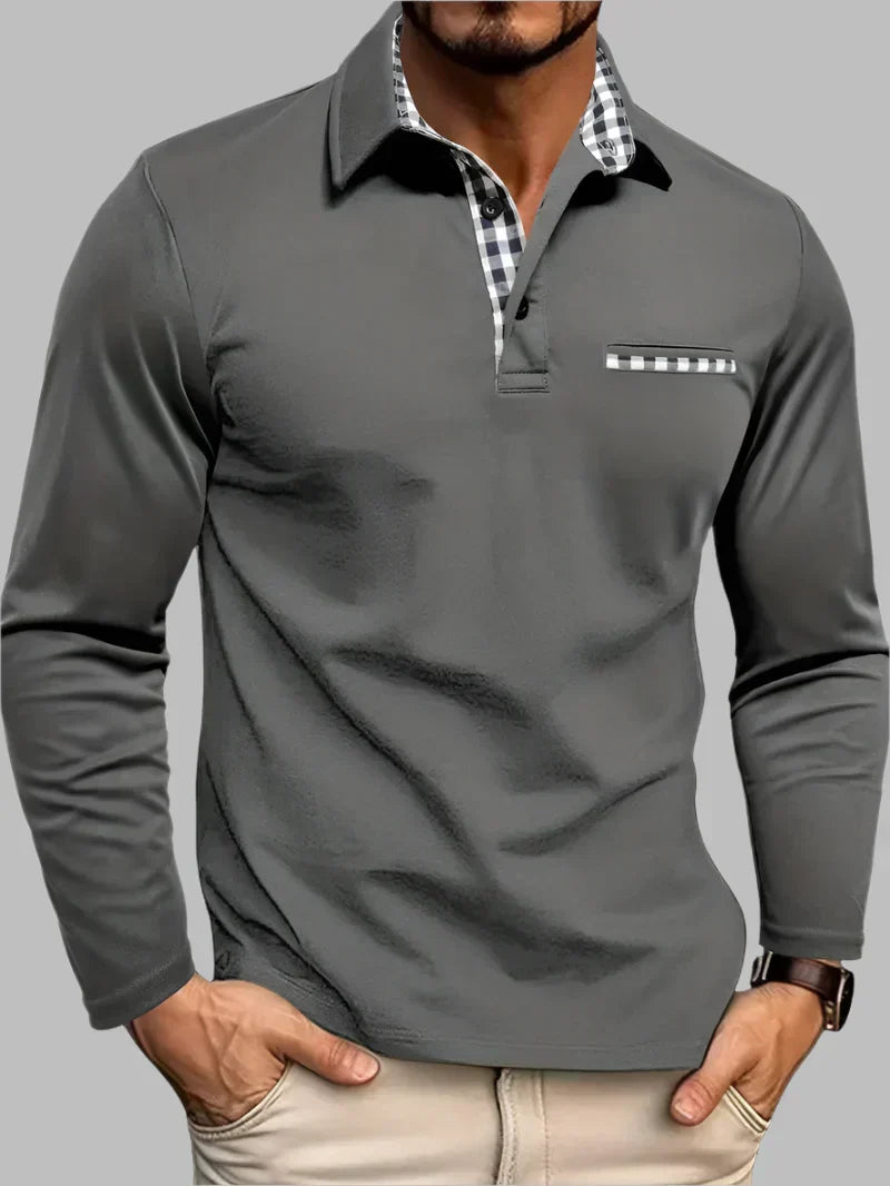 Men's Long Sleeve Polo Shirt with Gingham Accent Pocket - Stylish Casual Wear