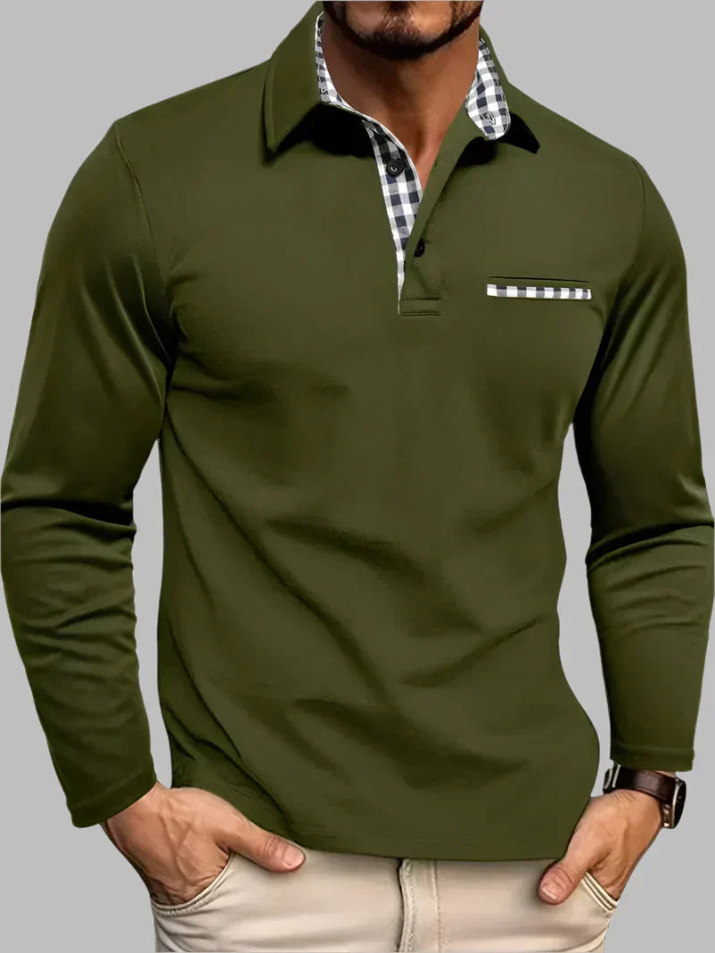 Men's Long Sleeve Polo Shirt with Gingham Accent Pocket - Stylish Casual Wear