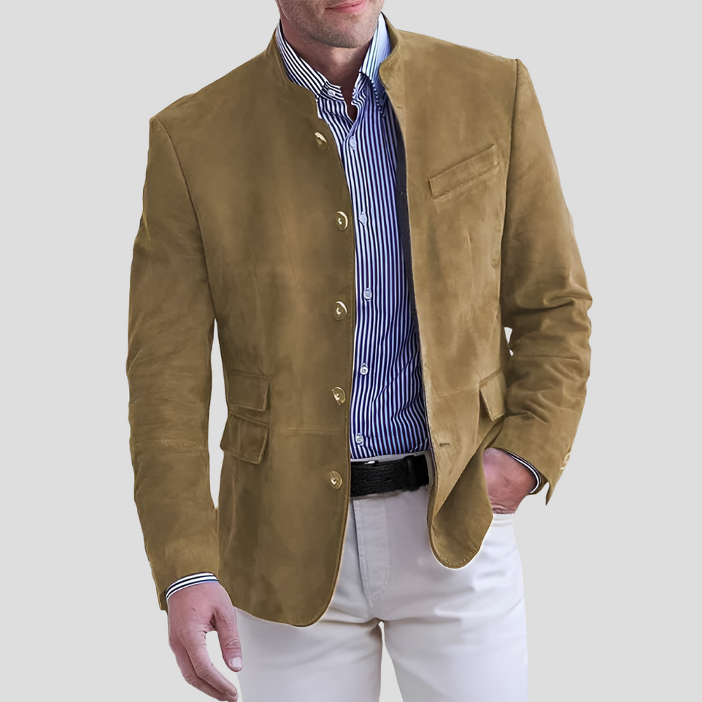 Enhanced Product Title: "Davy Men's Mandarin Collar Blazer - Stylish Button Front Jacket for Smart Casual Looks" 

This title includes relevant keywords while emphasizing style and versatility, which can help improve visibility in Google Shopping searches