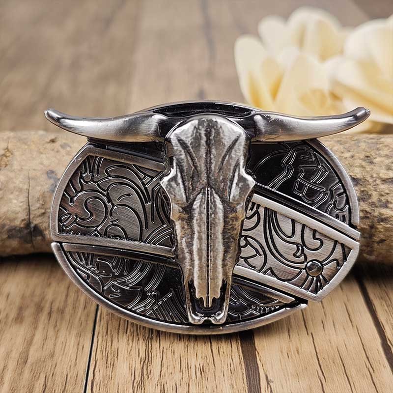 Davy Oval Bull Skull Belt Buckle with Hidden Tool - Unique Western Accessory