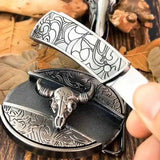 Davy Oval Bull Skull Belt Buckle with Hidden Tool - Unique Western Accessory