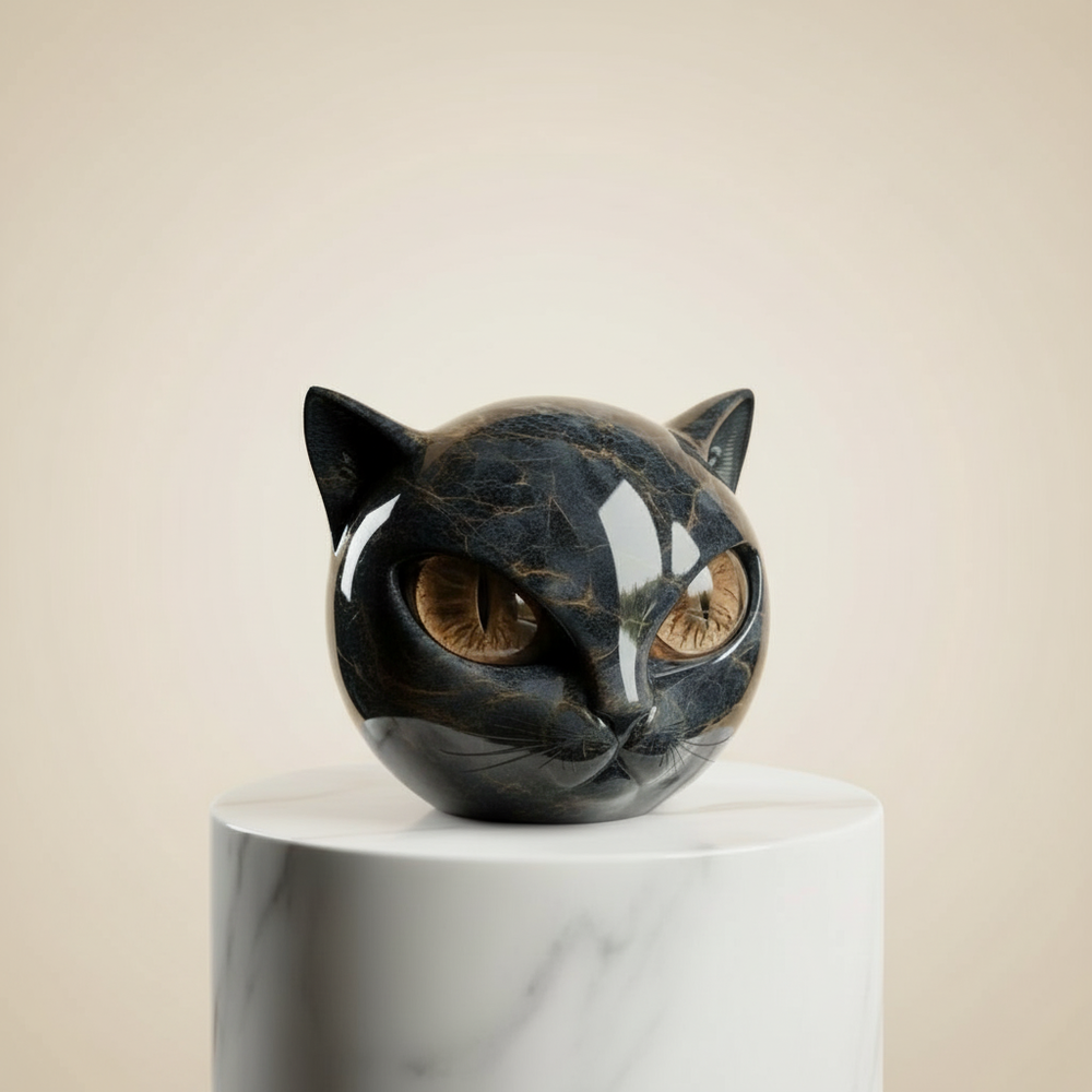 Davy NoirCat Sculpture | Hypnotic Black Cat Head Art Piece – Unique Home Decor for Cat Lovers