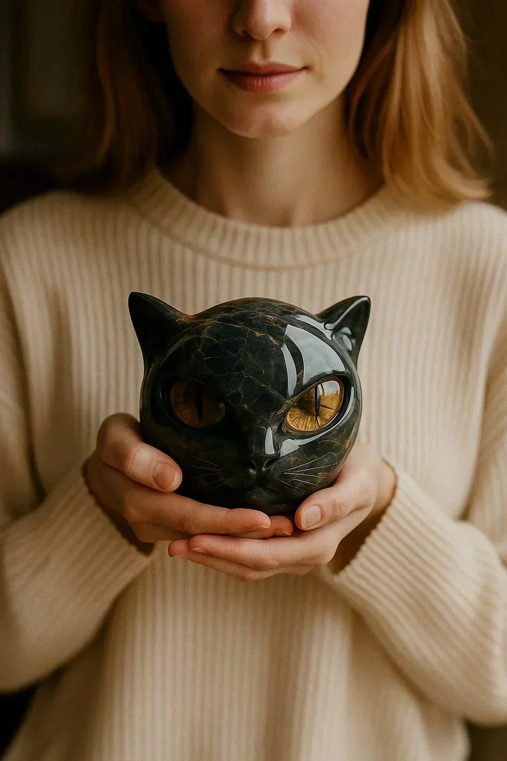 Davy NoirCat Sculpture | Hypnotic Black Cat Head Art Piece – Unique Home Decor for Cat Lovers