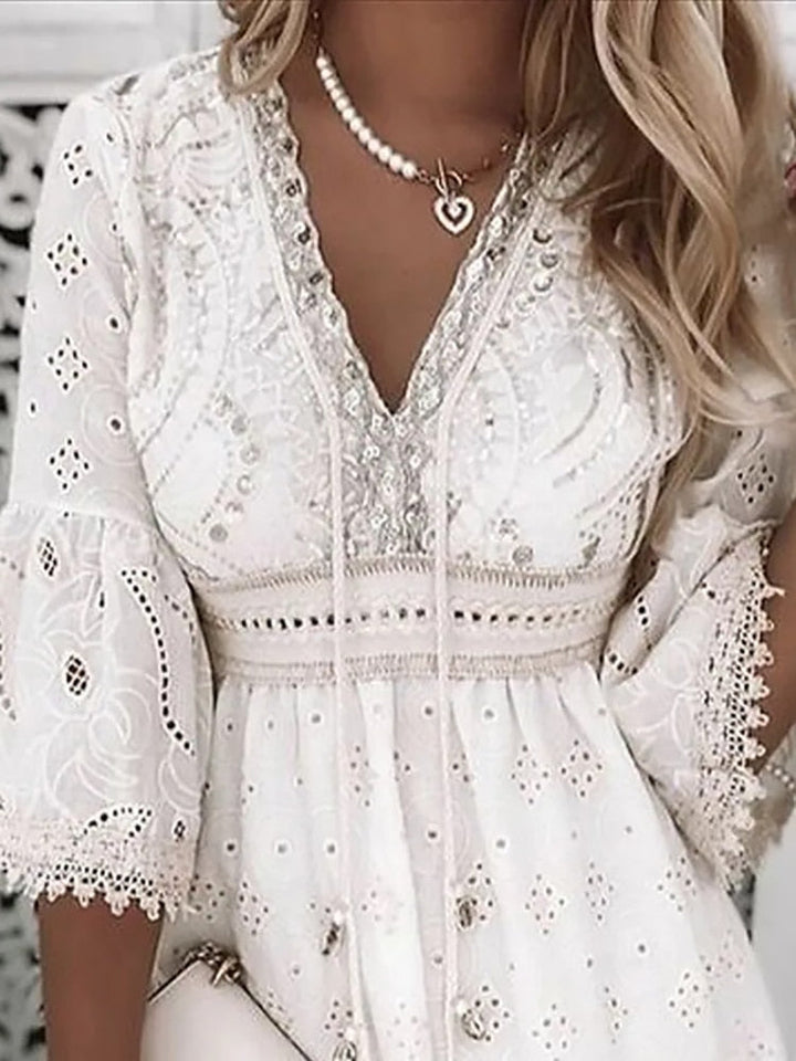 Women's Boho Broderie Flare Sleeve Mini Dress - Stylish Summer Fashion, Lightweight & Comfortable