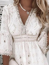 Women's Boho Broderie Flare Sleeve Mini Dress - Stylish Summer Fashion, Lightweight & Comfortable