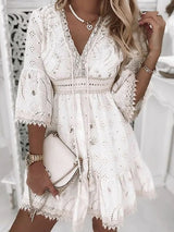 Women's Boho Broderie Flare Sleeve Mini Dress - Stylish Summer Fashion, Lightweight & Comfortable