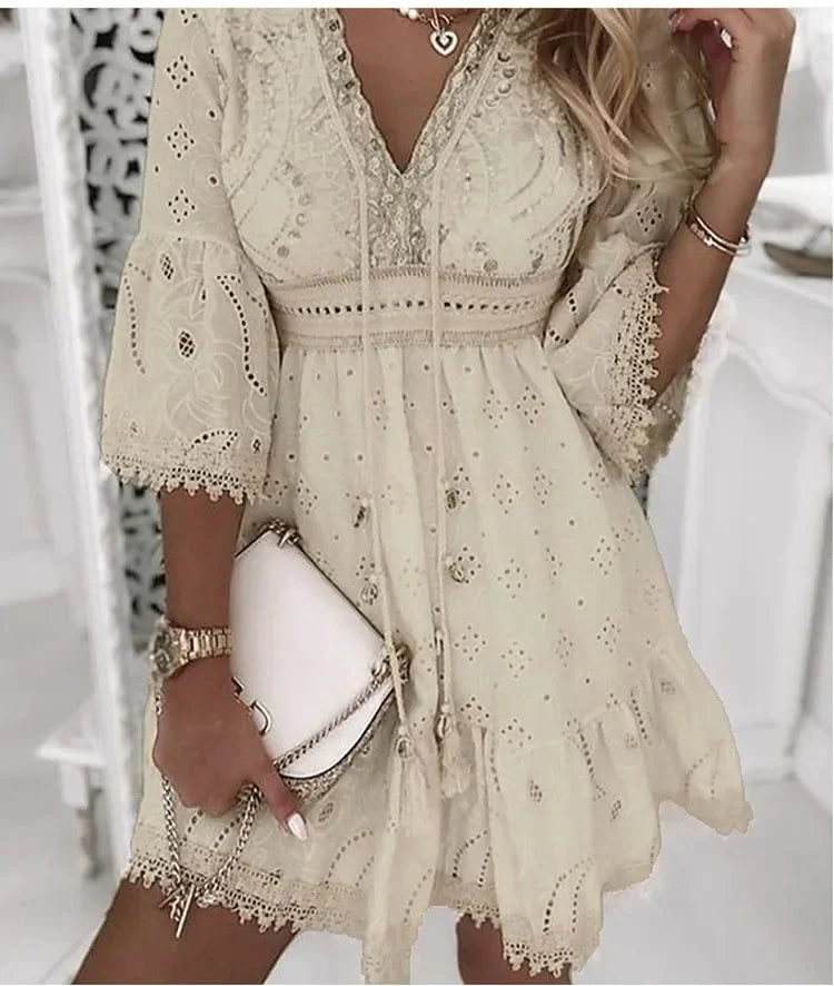 Women's Boho Broderie Flare Sleeve Mini Dress - Stylish Summer Fashion, Lightweight & Comfortable