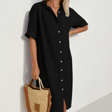 Women's Relaxed Midi Length Linen Shirt Dress - Lightweight & Comfortable Summer Fashion
