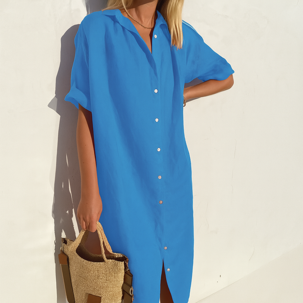 Women's Relaxed Midi Length Linen Shirt Dress - Lightweight & Comfortable Summer Fashion