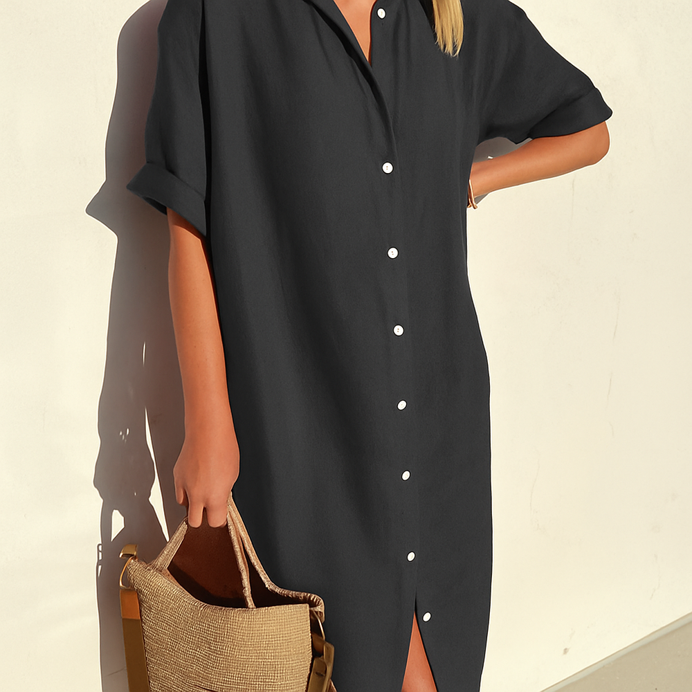 Women's Relaxed Midi Length Linen Shirt Dress - Lightweight & Comfortable Summer Fashion
