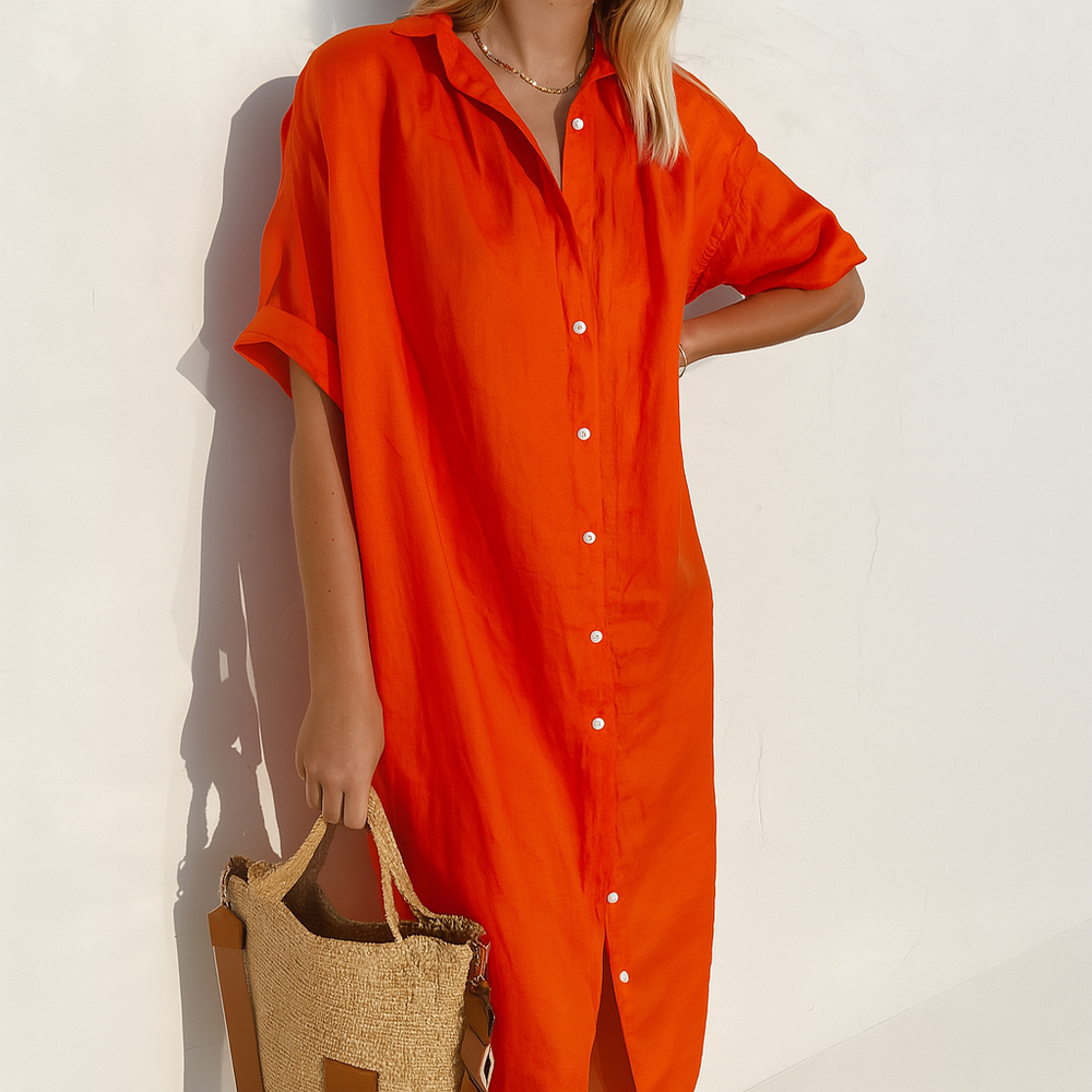 Women's Relaxed Midi Length Linen Shirt Dress - Lightweight & Comfortable Summer Fashion