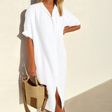 Women's Relaxed Midi Length Linen Shirt Dress - Lightweight & Comfortable Summer Fashion