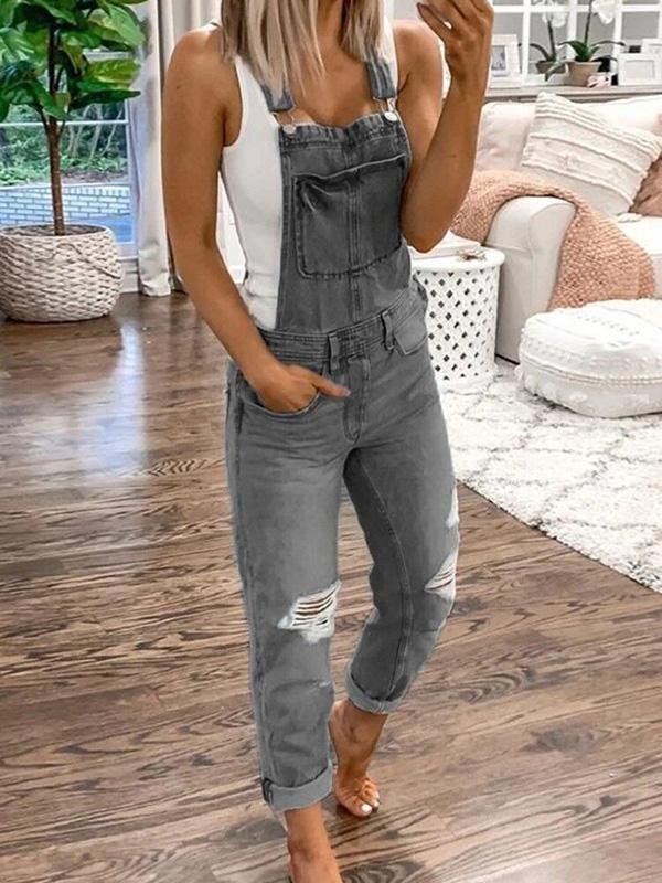 Trendy Relaxed Ripped Denim Overalls for Women - Stylish Casual Jumpsuit with Adjustable Straps