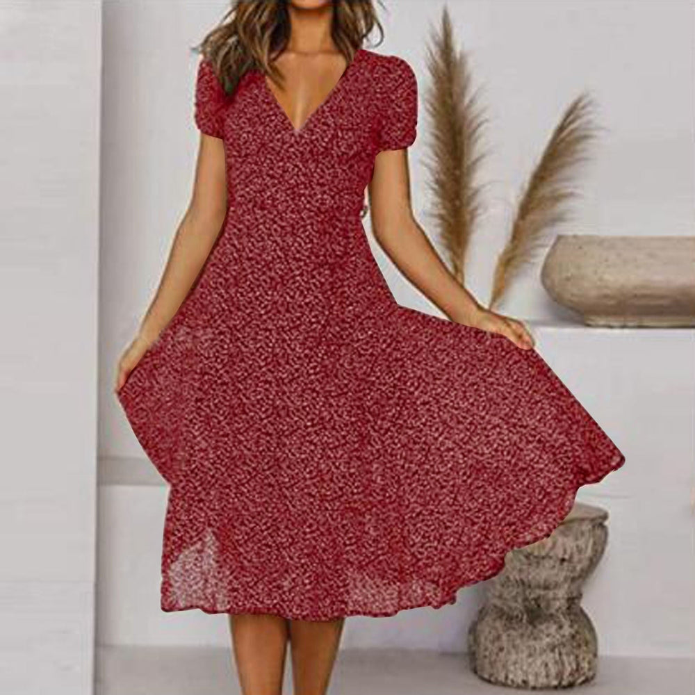 Women's Floral V-Neck Midi Dress - Elegant Summer Style, Perfect for Weddings & Casual Outings