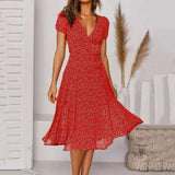 Women's Floral V-Neck Midi Dress - Elegant Summer Style, Perfect for Weddings & Casual Outings
